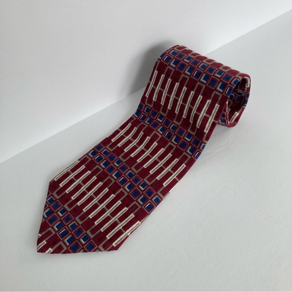 Pierre Cardin Paris Mens Necktie Silk, Geometric Art Deco Tie Maroon Blue Tan